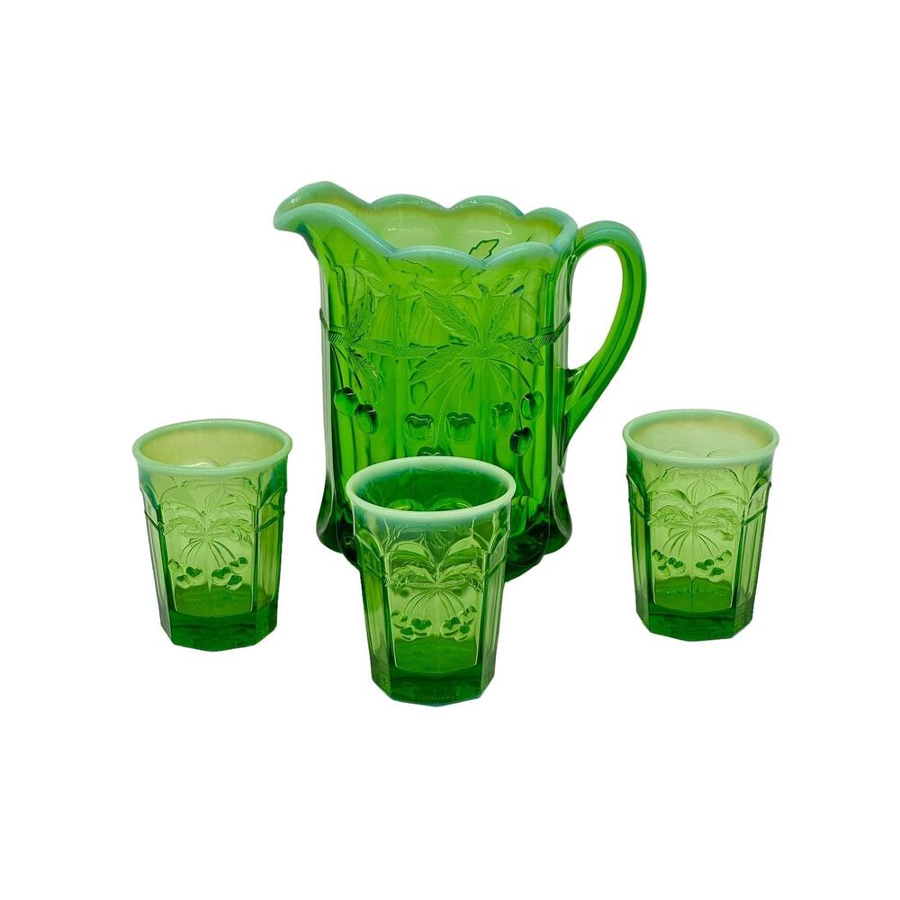Vintage Mosser Pitcher and 3 Glasses Green Opalescent Cherry Thumbprint Pattern